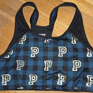 PINK Victoria's Secret Sports Bra Medium‎ Teal Blue Plaid Ultimate Racerback